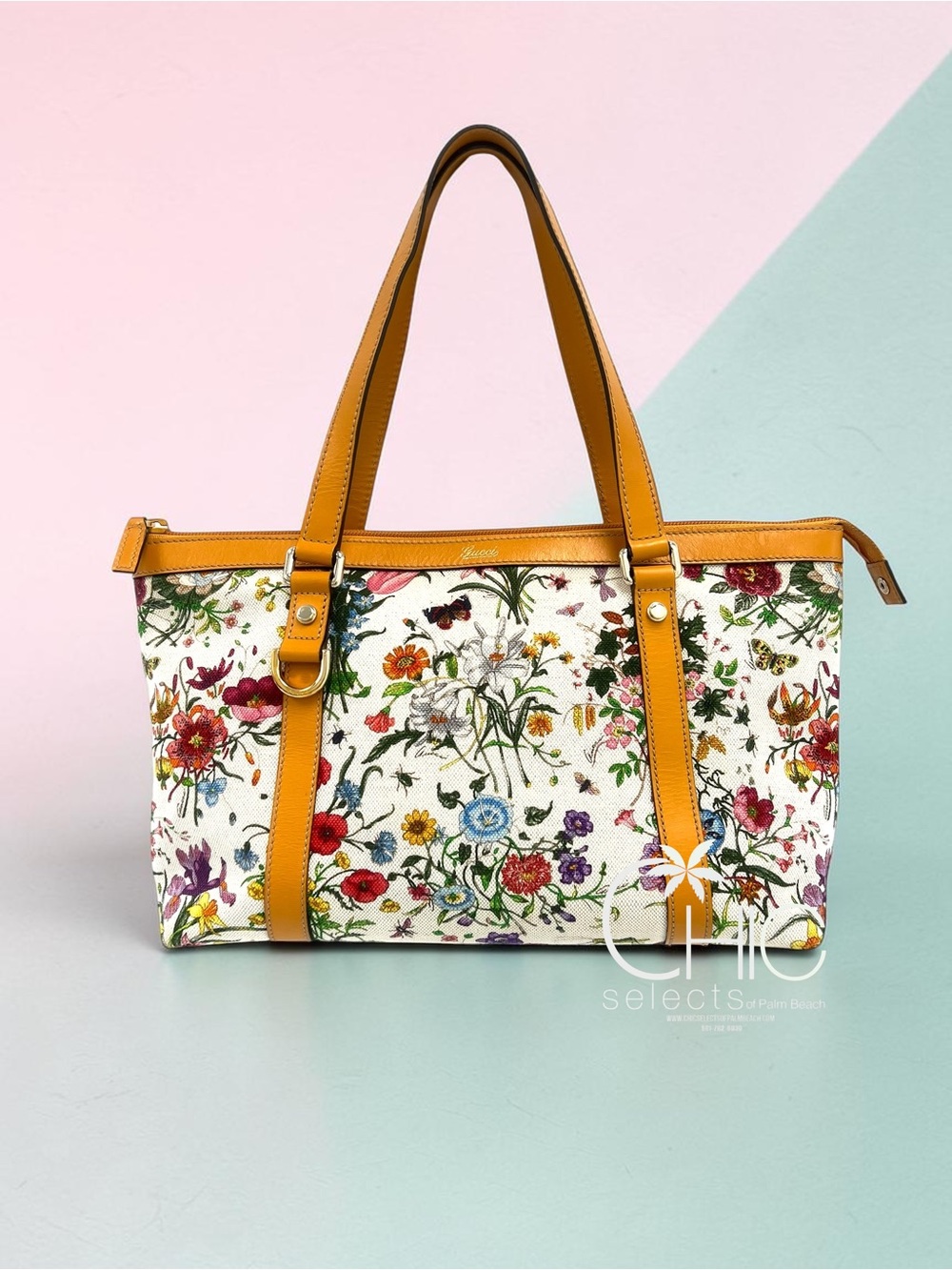 Gucci Abbey Multicolor Floral Printed Canvas and Leather Medium Tote